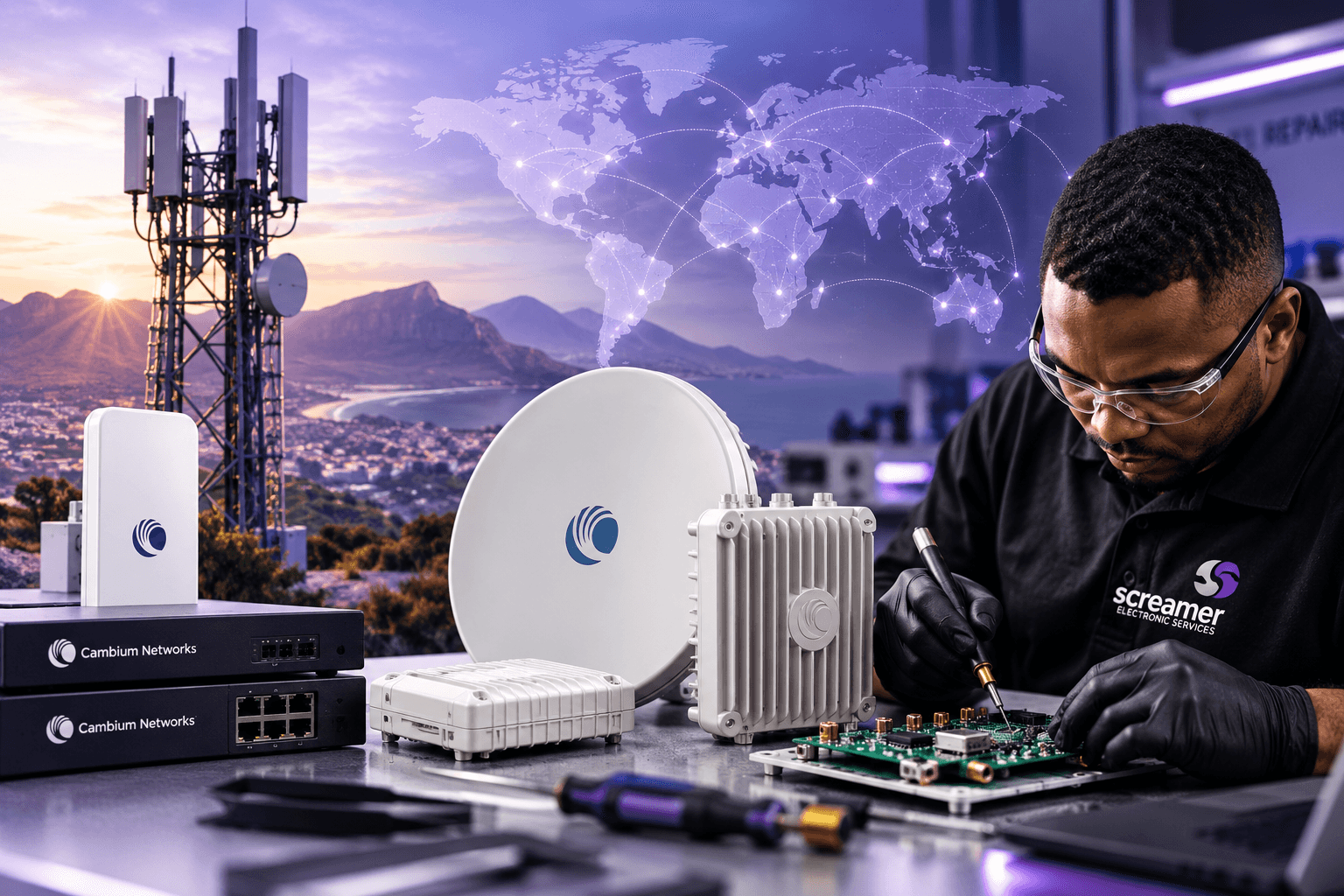 Cambium equipment repair, refurbishment and lifecycle support by Screamer Electronic Services for PMP, ePMP, cnWave, PTP and Ethernet switching equipment worldwide